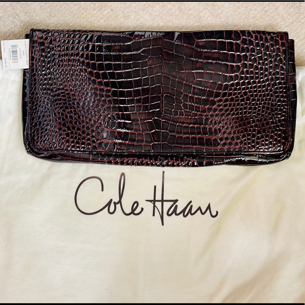 Cole Haan Oversized Clutch Stamped Croc Chocolate with original tag and dustbag